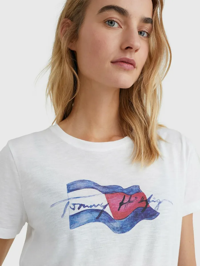 Tommy Hilfiger Motion Flag Logo TShirt Th Optic White Womens TShirts Online