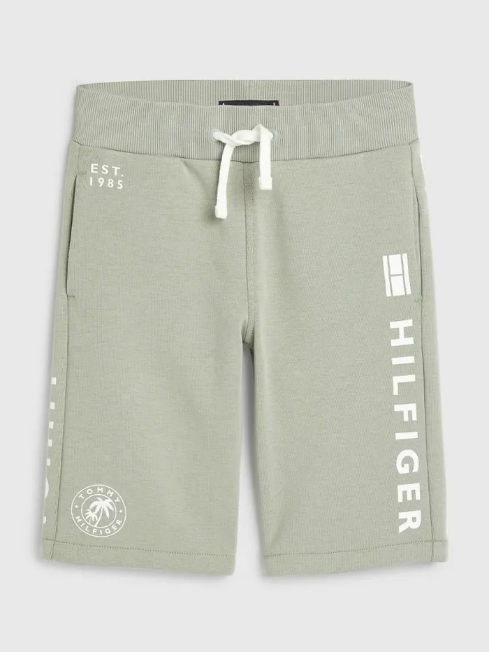 Tommy Hilfiger Multi Logo Drawstring Sweat Shorts Faded Willow Boys Trousers and Shorts Popular Tommy Hilfiger Multi Logo Drawstring Sweat Shorts Faded Willow Boys Trousers and Shorts Popular