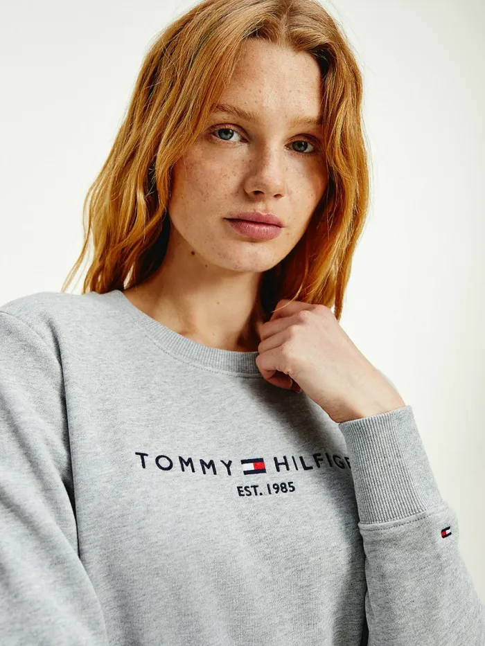 Tommy Hilfiger Organic Cotton Crew Neck Sweatshirt Light Grey Heather Womens Sweatshirts and Hoodies Online