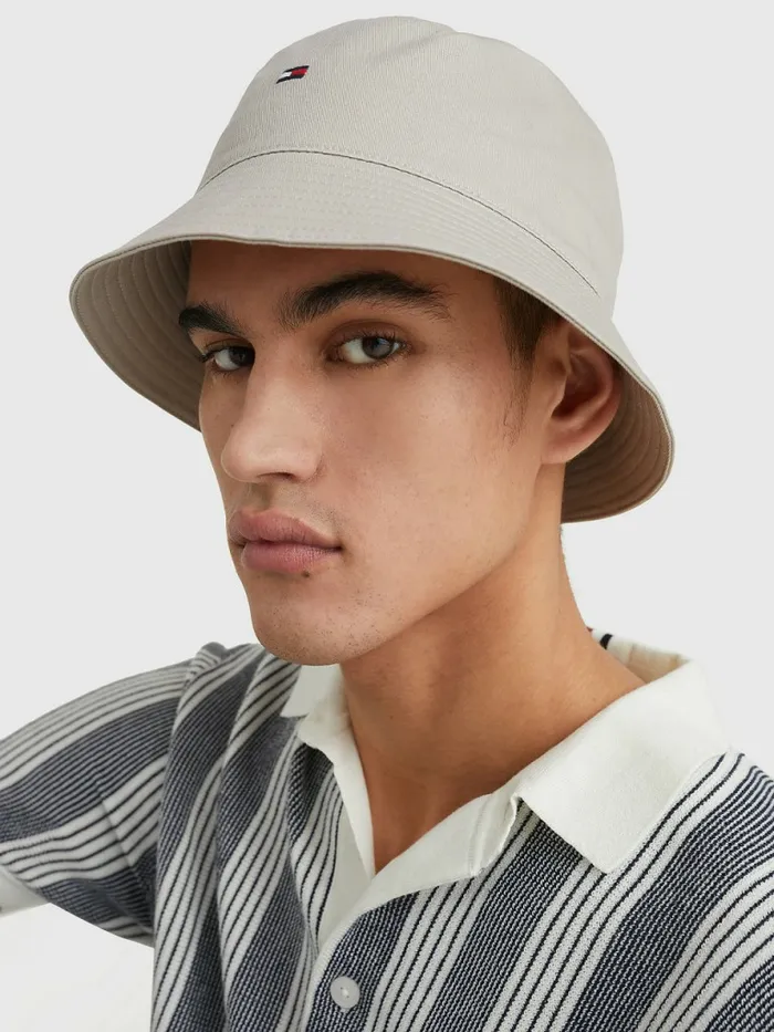 Tommy Hilfiger Organic Cotton Flag Embroidery Bucket Hat Stone Mens Hats and Scarves For Sale