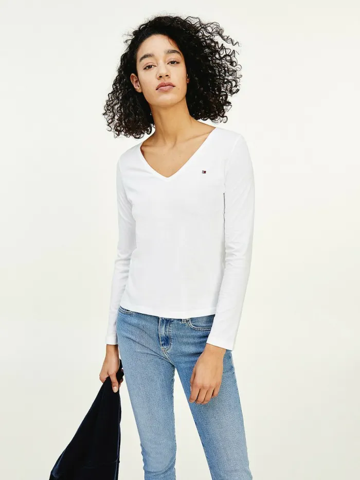 Tommy Hilfiger Organic Cotton Long Sleeve VNeck TShirt White Womens TShirts Sale Tommy Hilfiger Organic Cotton Long Sleeve VNeck TShirt White Womens TShirts Sale