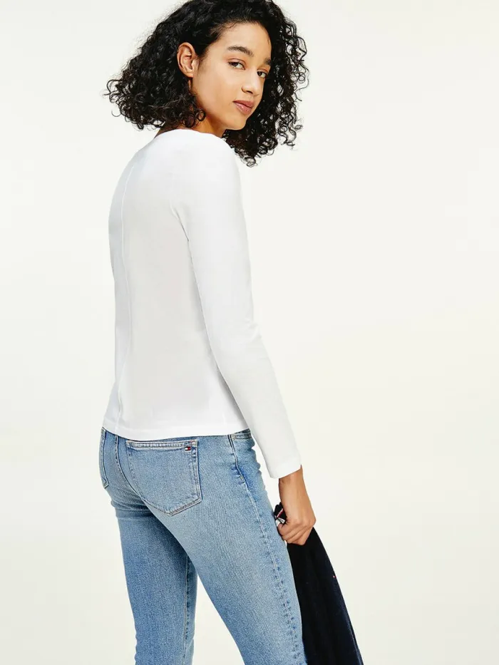 Tommy Hilfiger Organic Cotton Long Sleeve VNeck TShirt White Womens TShirts Sale