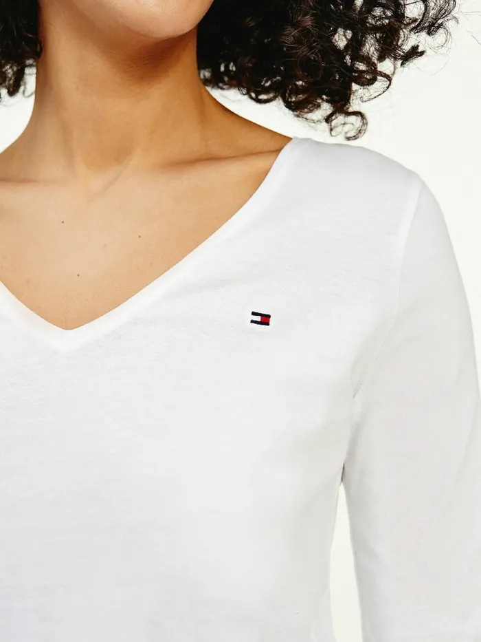 Tommy Hilfiger Organic Cotton Long Sleeve VNeck TShirt White Womens TShirts Sale