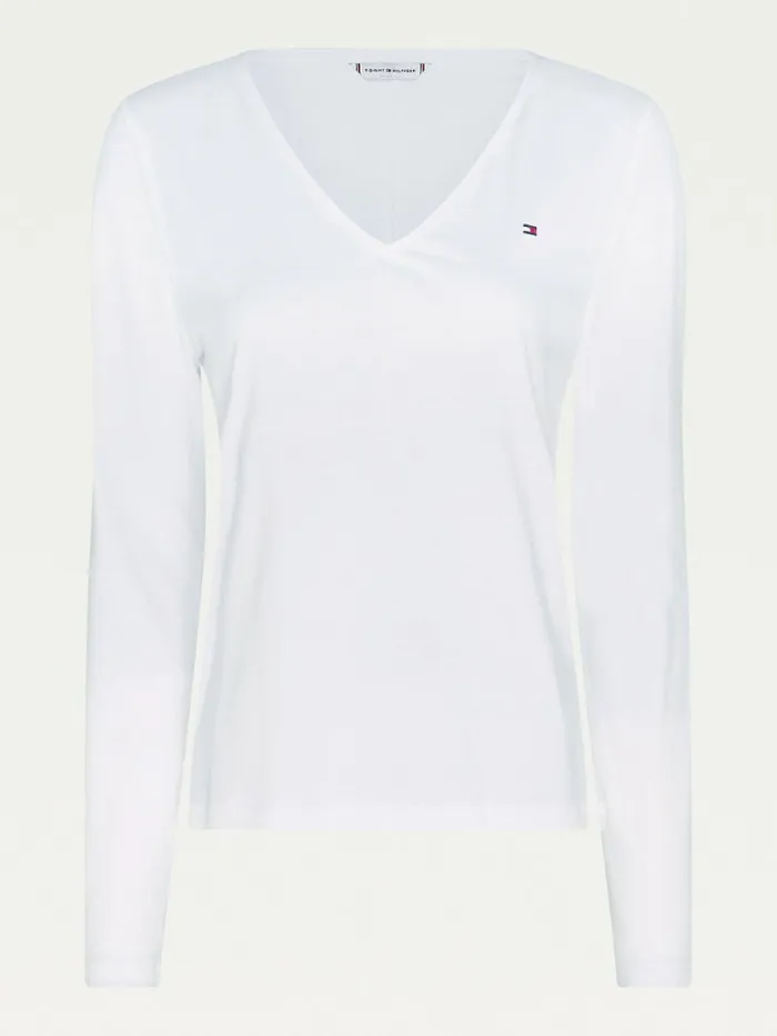 Tommy Hilfiger Organic Cotton Long Sleeve VNeck TShirt White Womens TShirts Sale