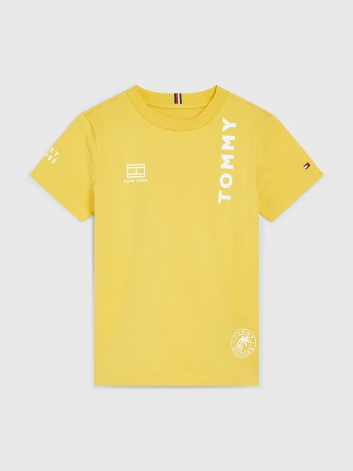 Tommy Hilfiger Organic Cotton MultiLogo TShirt Yielding Yellow Boys TShirts and Polos Popular Tommy Hilfiger Organic Cotton MultiLogo TShirt Yielding Yellow Boys TShirts and Polos Popular