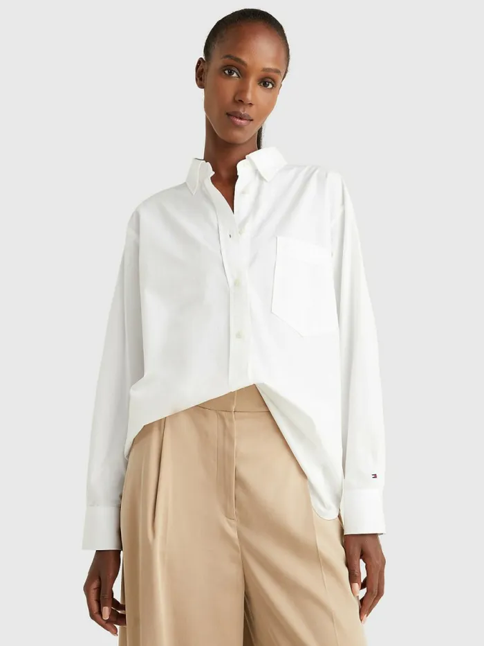 Tommy Hilfiger Organic Cotton Oversized Fit Shirt Th Optic White Womens Shirts and Blouses Fashion