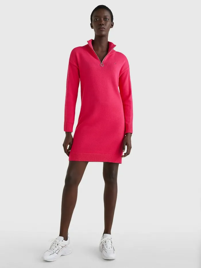 Tommy Hilfiger Organic Cotton Relaxed Fit HalfZip Dress Pink Splendor Womens Dresses and Jumpsuits Casaul