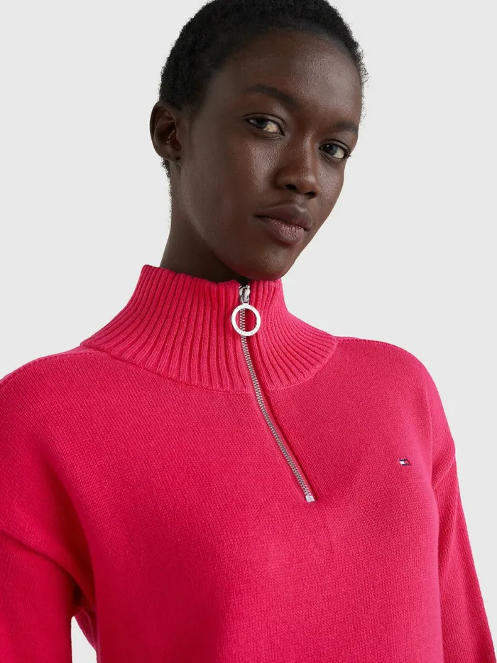 Tommy Hilfiger Organic Cotton Relaxed Fit HalfZip Dress Pink Splendor Womens Dresses and Jumpsuits Casaul