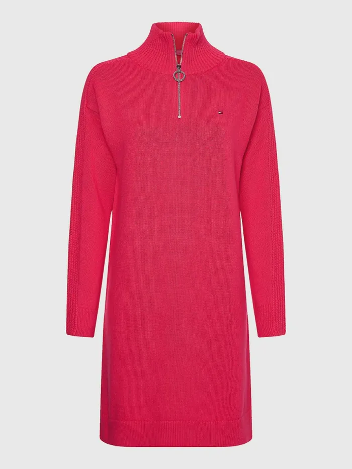 Tommy Hilfiger Organic Cotton Relaxed Fit HalfZip Dress Pink Splendor Womens Dresses and Jumpsuits Casaul