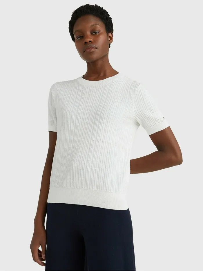 Tommy Hilfiger Organic Cotton Short Sleeve Textured Jumper Ecru Womens Knitwear For Sale Tommy Hilfiger Organic Cotton Short Sleeve Textured Jumper Ecru Womens Knitwear For Sale