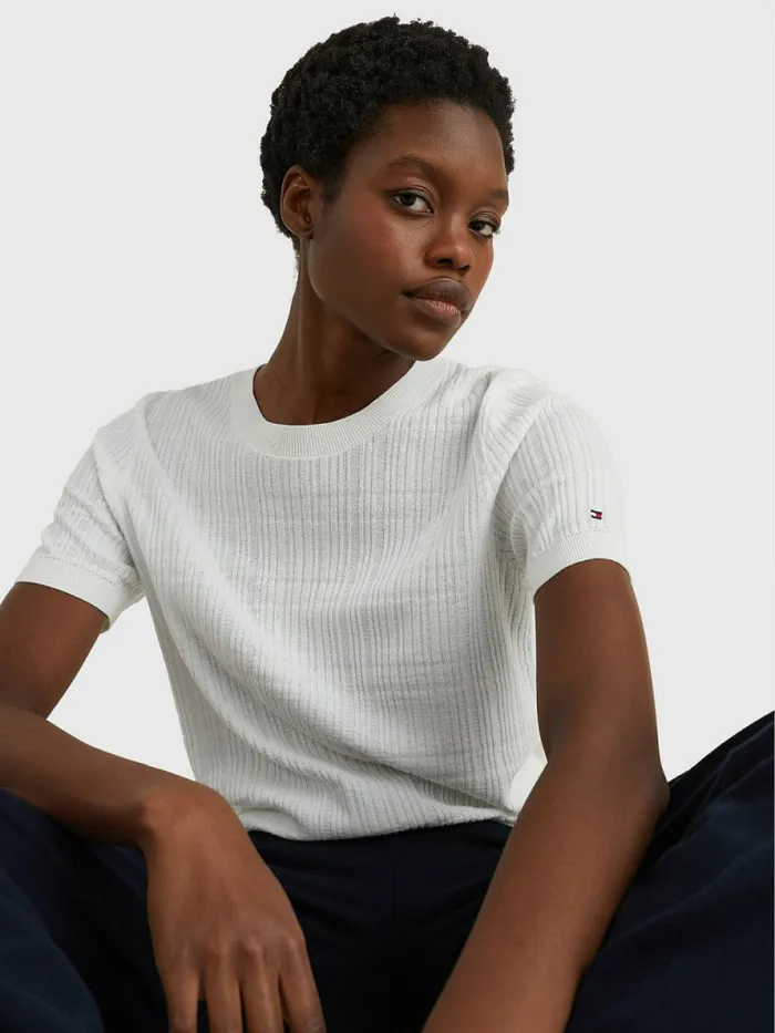 Tommy Hilfiger Organic Cotton Short Sleeve Textured Jumper Ecru Womens Knitwear For Sale