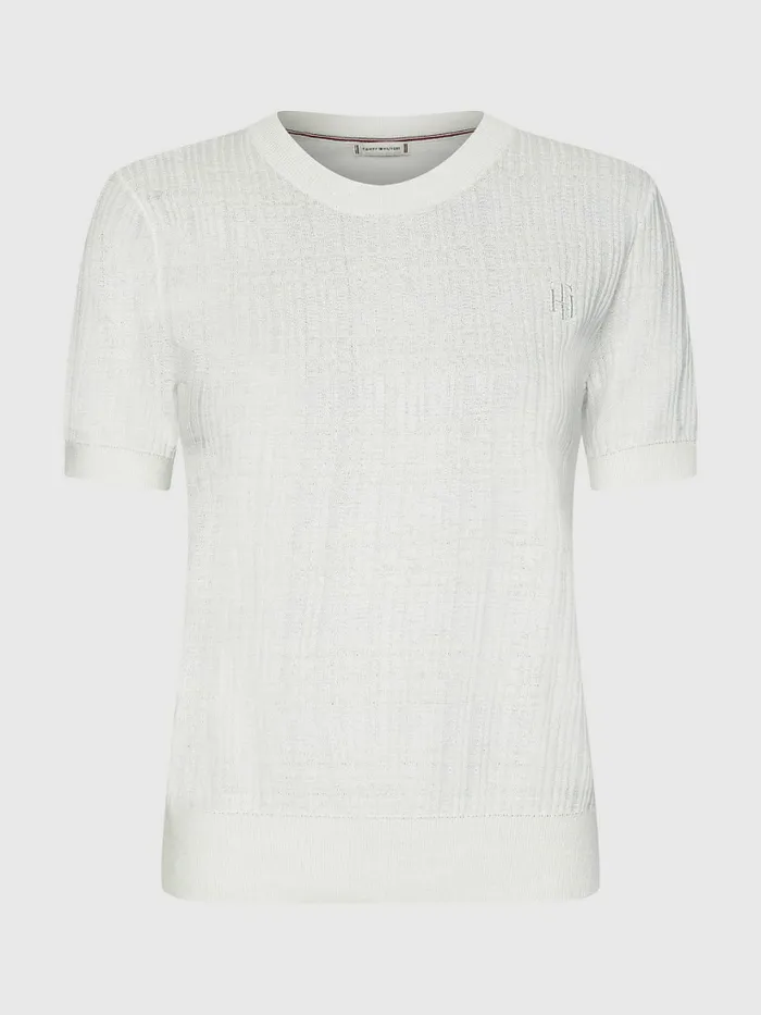 Tommy Hilfiger Organic Cotton Short Sleeve Textured Jumper Ecru Womens Knitwear For Sale