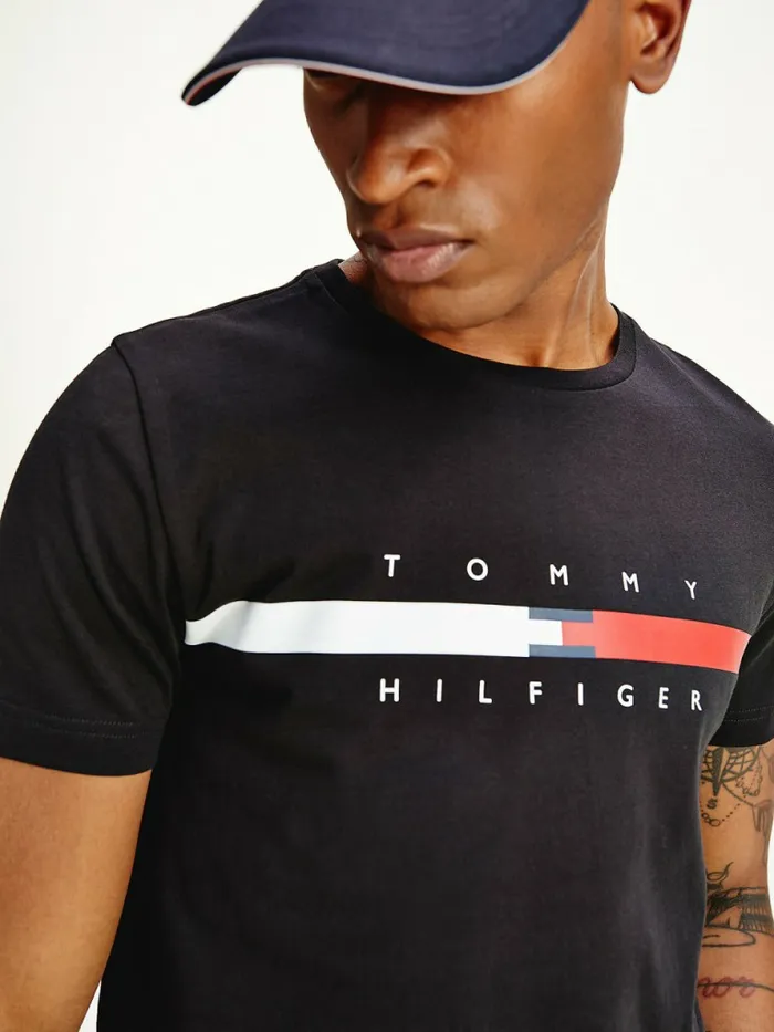 Tommy Hilfiger Organic Cotton Signature Tape Logo TShirt Black Mens TShirts Fashion