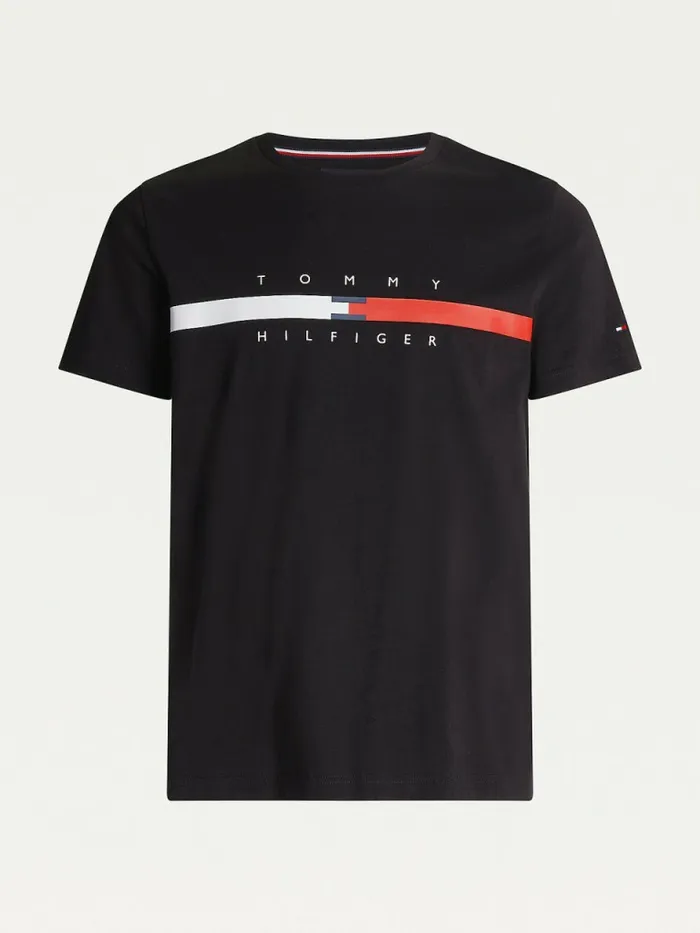 Tommy Hilfiger Organic Cotton Signature Tape Logo TShirt Black Mens TShirts Fashion