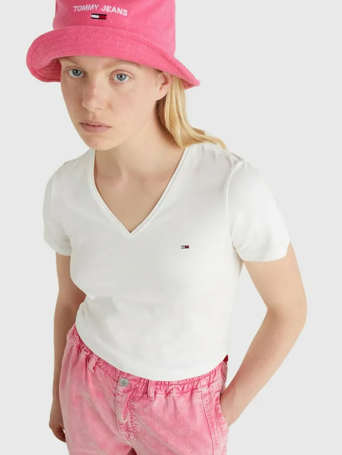 Tommy Hilfiger Organic Cotton Skinny Fit VNeck TShirt White Womens TShirts Casaul