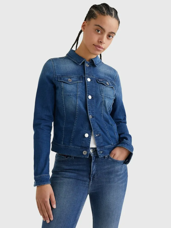 Tommy Hilfiger Organic Cotton Slim Fit Denim Jacket New Niceville Mid Blue Stretch Womens Coats and Jackets Gift for Friend Tommy Hilfiger Organic Cotton Slim Fit Denim Jacket New Niceville Mid Blue Stretch Womens Coats and Jackets Gift for Friend
