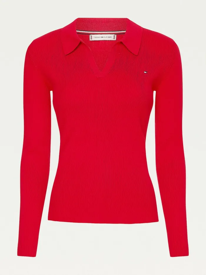 Tommy Hilfiger Organic Cotton Slim Fit Polo Jumper Blazer Red Womens Knitwear Gift for Friend