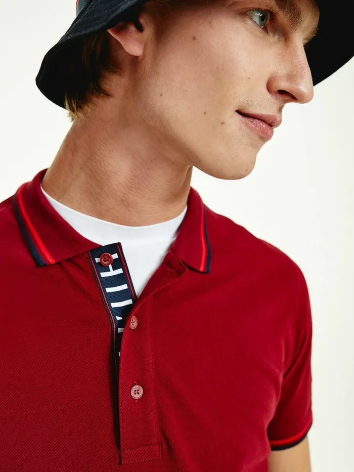 Tommy Hilfiger Organic Cotton Tipped Slim Fit Polo Rouge Mens Polo Shirts Cheap On Sale
