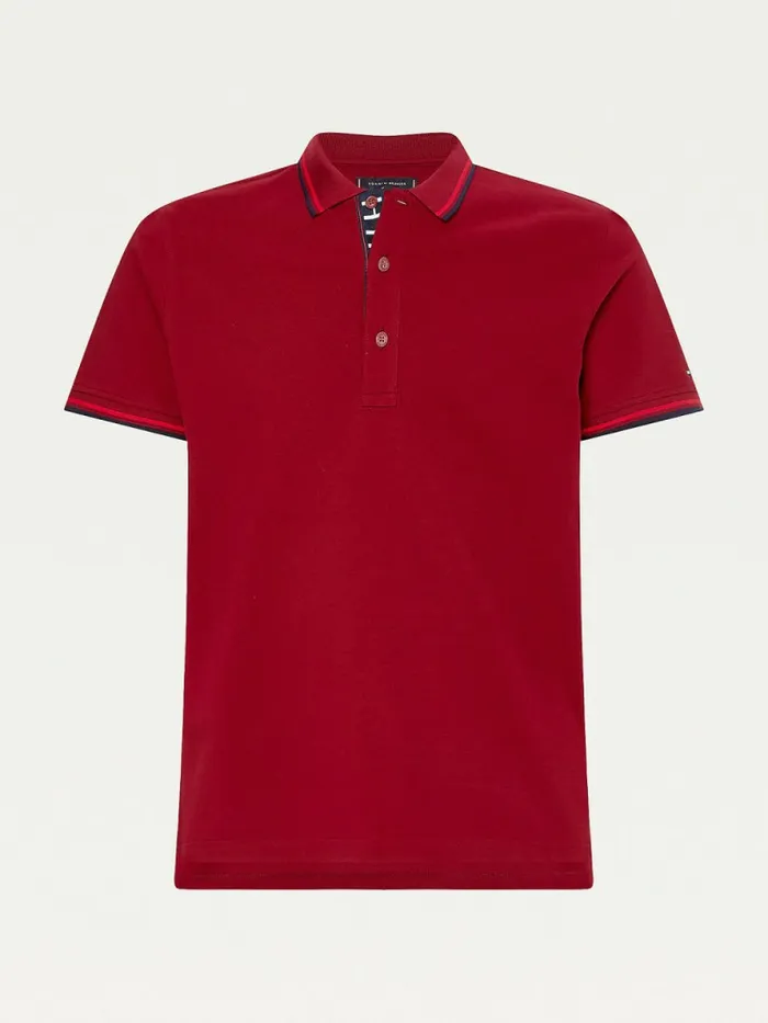 Tommy Hilfiger Organic Cotton Tipped Slim Fit Polo Rouge Mens Polo Shirts Cheap On Sale