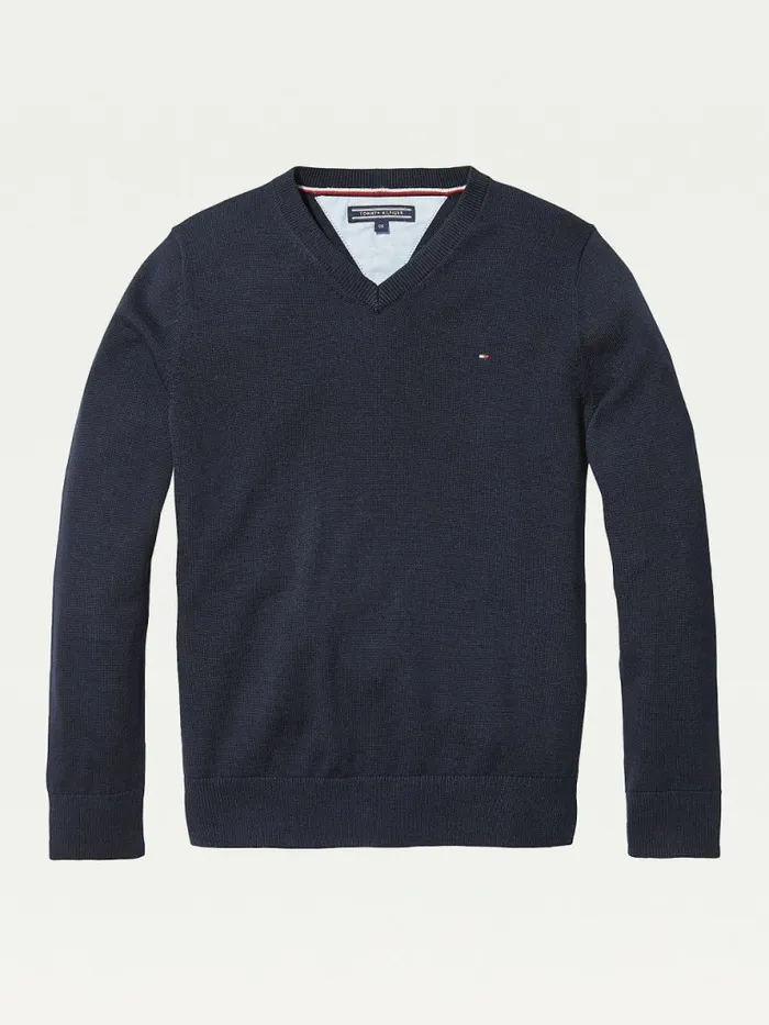 Tommy Hilfiger Organic Cotton VNeck Jumper Sky Captain Boys Jumpers and Cardigans Gift for Friend Tommy Hilfiger Organic Cotton VNeck Jumper Sky Captain Boys Jumpers and Cardigans Gift for Friend