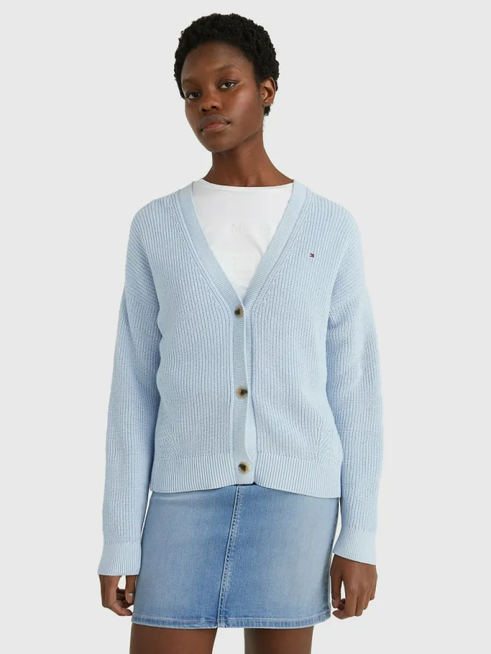 Tommy Hilfiger Organic Cotton VNeck Relaxed Fit Cardigan Breezy Blue Womens Knitwear Gift for Friend Tommy Hilfiger Organic Cotton VNeck Relaxed Fit Cardigan Breezy Blue Womens Knitwear Gift for Friend