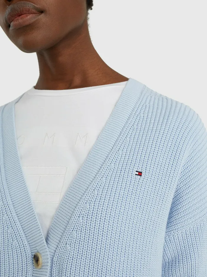 Tommy Hilfiger Organic Cotton VNeck Relaxed Fit Cardigan Breezy Blue Womens Knitwear Gift for Friend