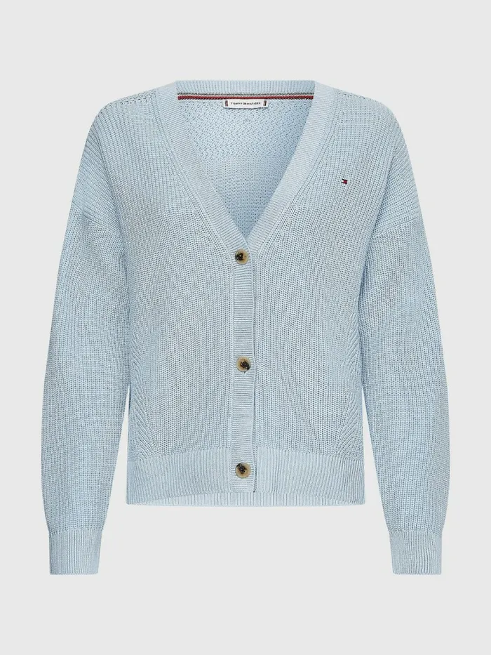 Tommy Hilfiger Organic Cotton VNeck Relaxed Fit Cardigan Breezy Blue Womens Knitwear Gift for Friend