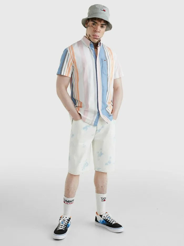 Tommy Hilfiger Organic Oxford Cotton Short Sleeve Shirt WhiteMulti Stripe Mens Shirts Fashion