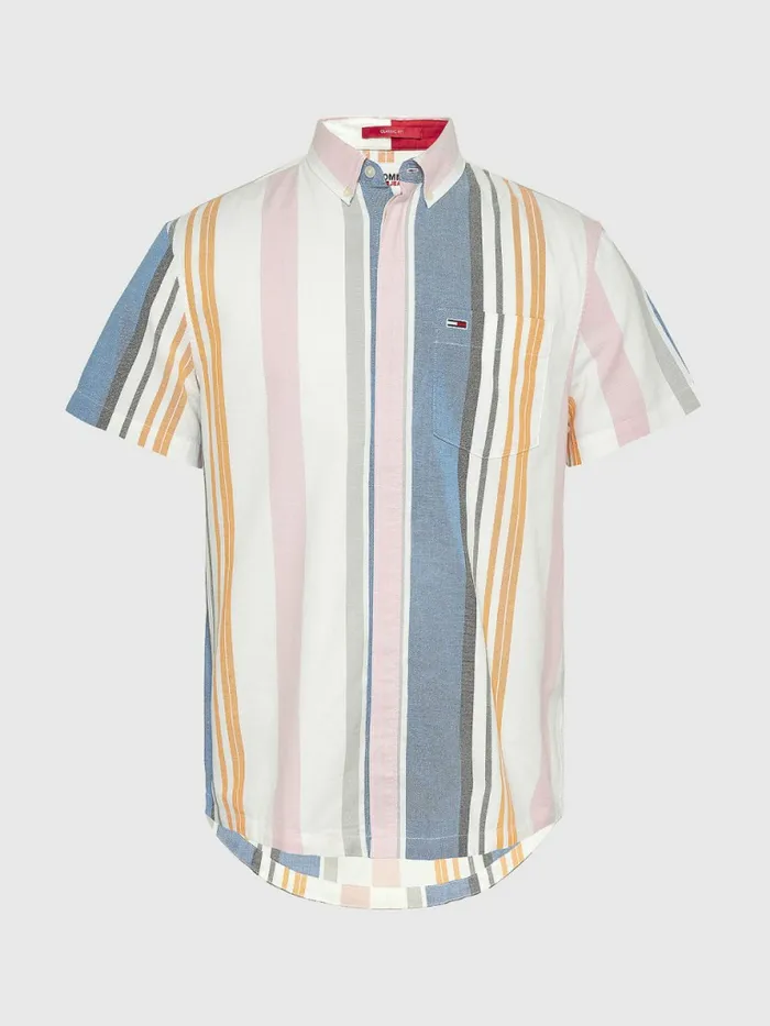 Tommy Hilfiger Organic Oxford Cotton Short Sleeve Shirt WhiteMulti Stripe Mens Shirts Fashion