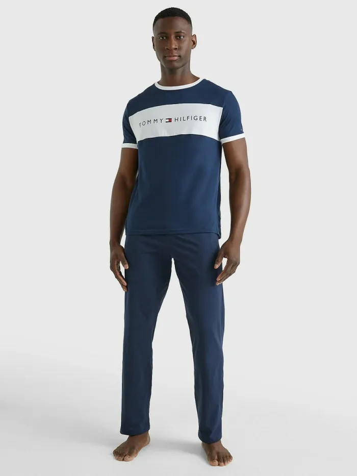 Tommy Hilfiger Original ColourBlocked Logo TShirt Navy Blazer Mens Loungewear and Nightwear