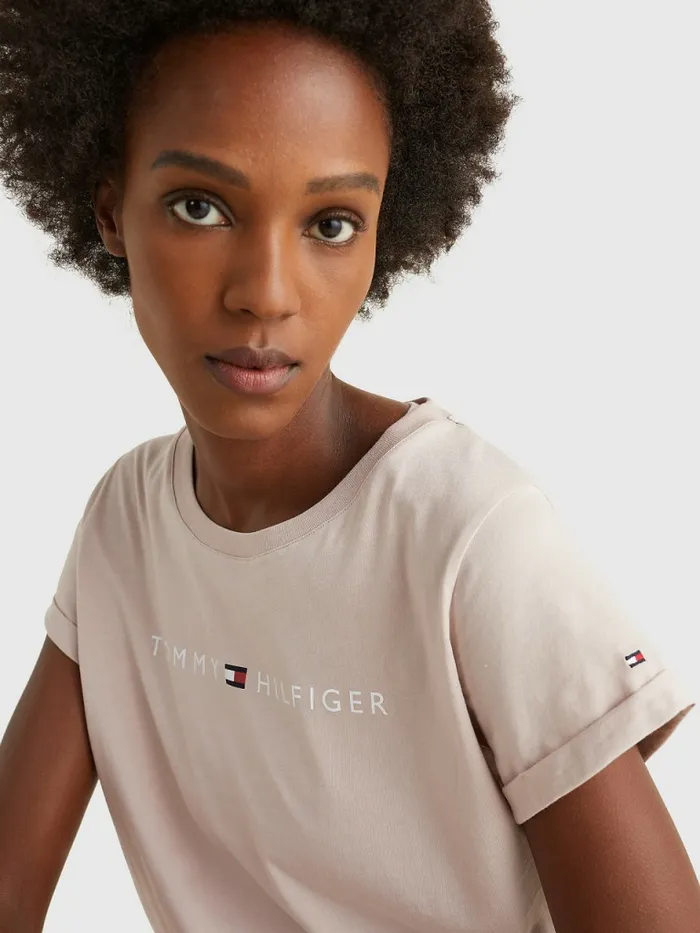 Tommy Hilfiger Original Logo TurnBack Cuff TShirt Balanced Beige Womens Lounge and Nightwear