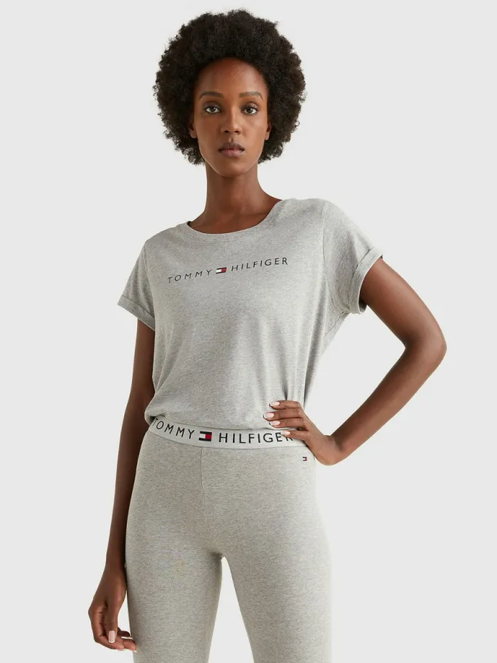Tommy Hilfiger Original Logo TurnBack Cuff TShirt Grey Heather Womens Essentials Tommy Hilfiger Original Logo TurnBack Cuff TShirt Grey Heather Womens Essentials