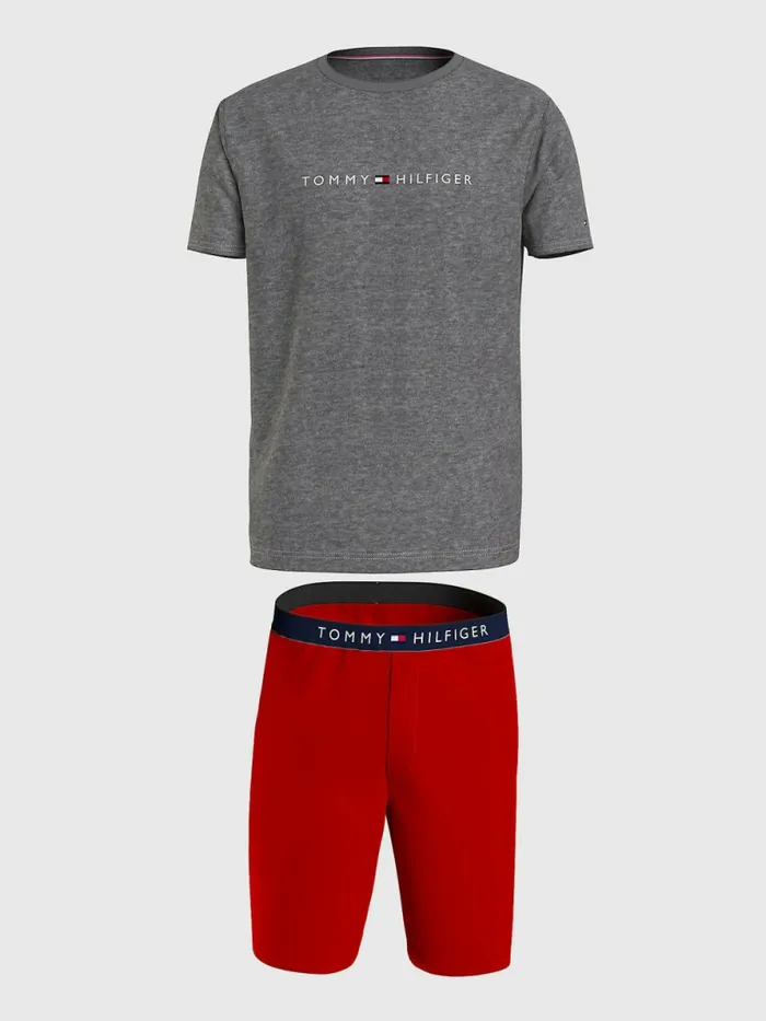 Tommy Hilfiger Original Short Sleeve Pyjama Set Dark Grey HtPrimary Red Mens Loungewear and Nightwear