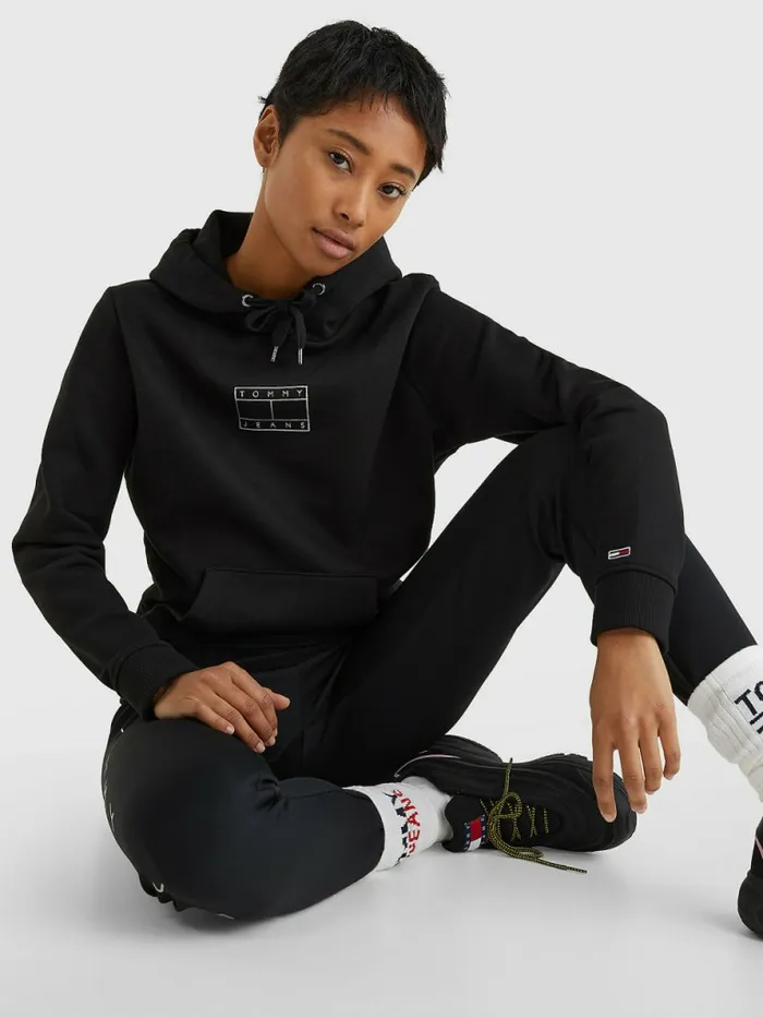 Tommy Hilfiger Outline Flag Hoody Black Womens Sweatshirts and Hoodies Online