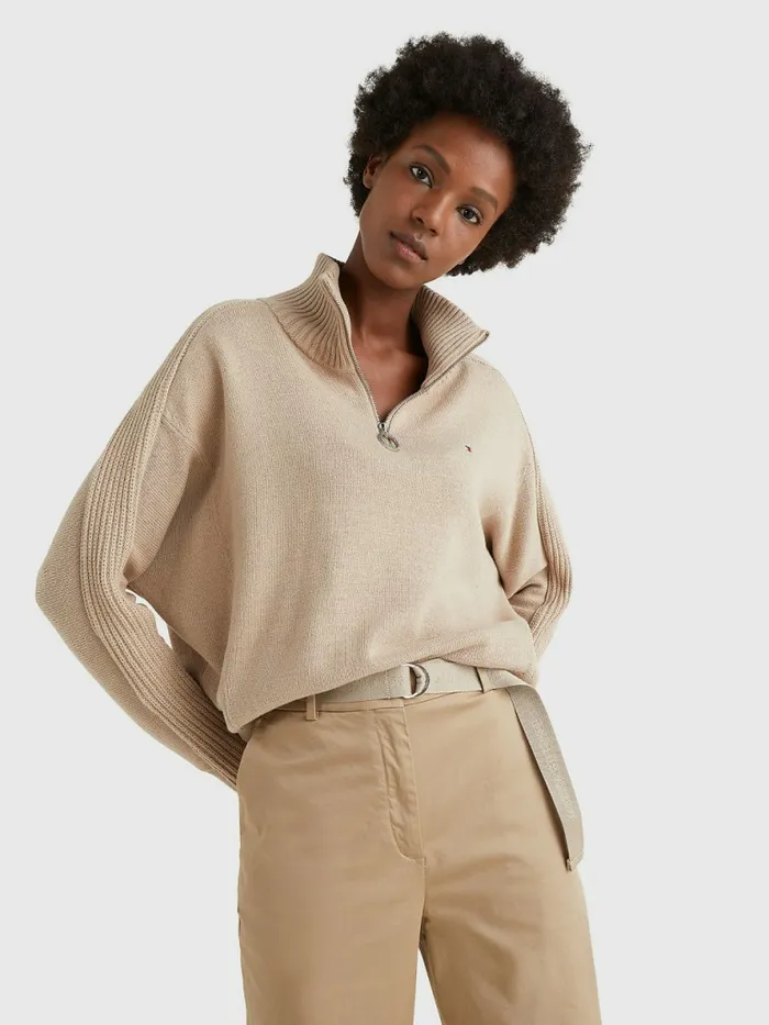 Tommy Hilfiger Oversized HalfZip High Neck Jumper Beige Womens Knitwear Near Me