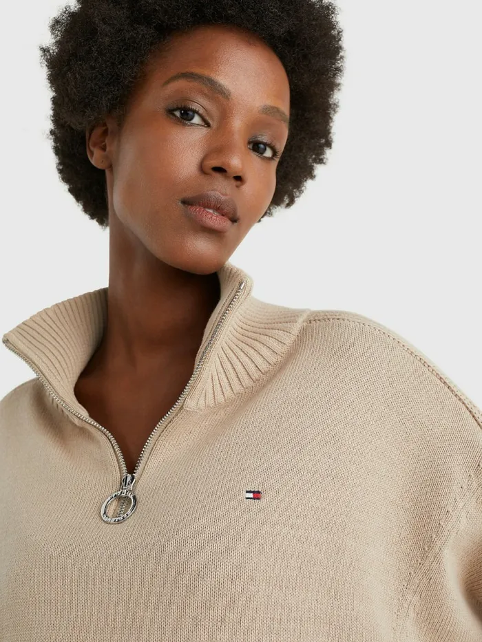 Tommy Hilfiger Oversized HalfZip High Neck Jumper Beige Womens Knitwear Near Me
