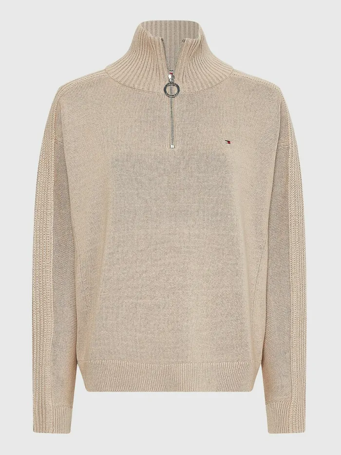 Tommy Hilfiger Oversized HalfZip High Neck Jumper Beige Womens Knitwear Near Me