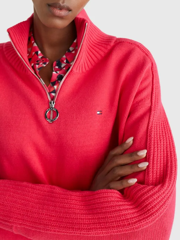 Tommy Hilfiger Oversized HalfZip High Neck Jumper Pink Splendor Womens Knitwear Gift 4 You