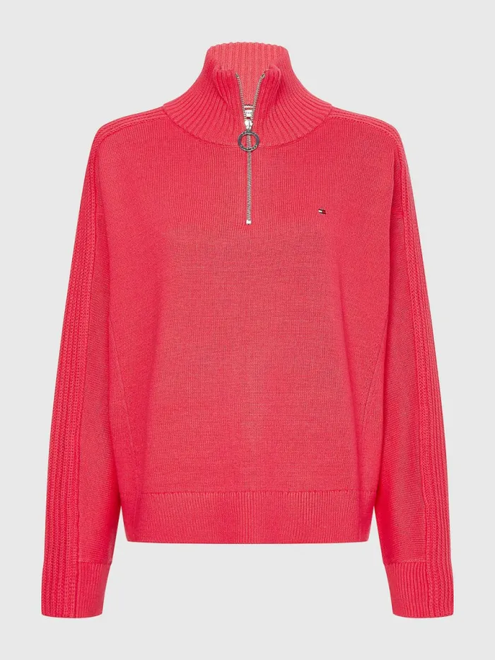 Tommy Hilfiger Oversized HalfZip High Neck Jumper Pink Splendor Womens Knitwear Gift 4 You