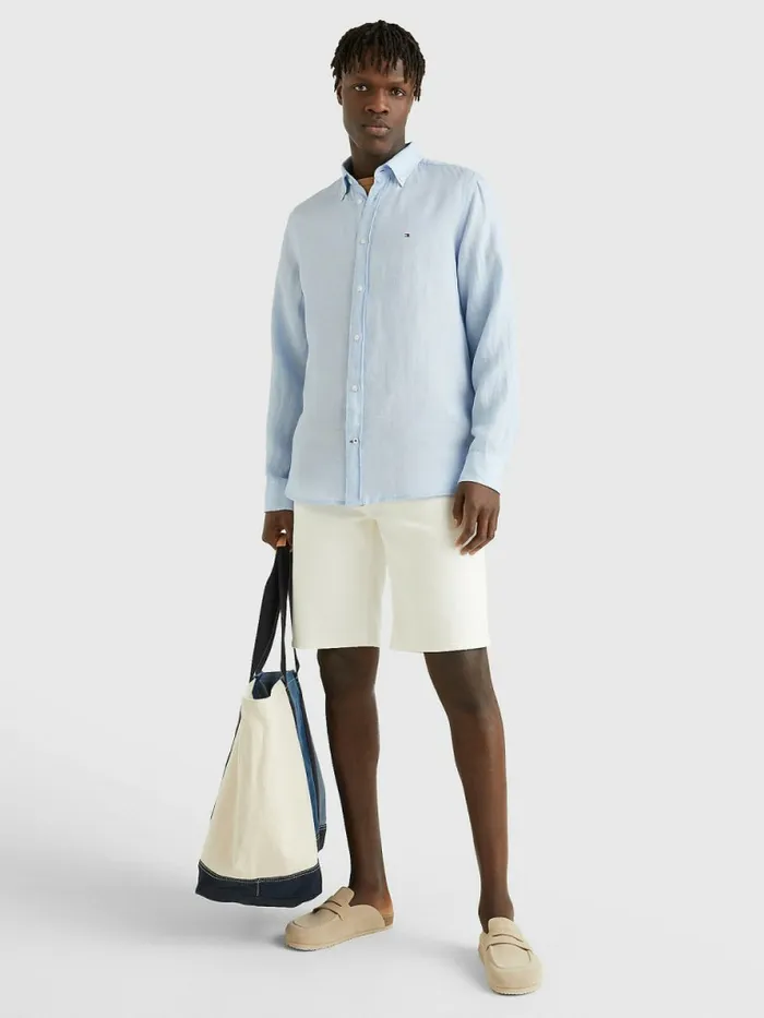 Tommy Hilfiger Pigment Dyed Regular Fit Linen Shirt Calm Blue Mens Shirts Sale