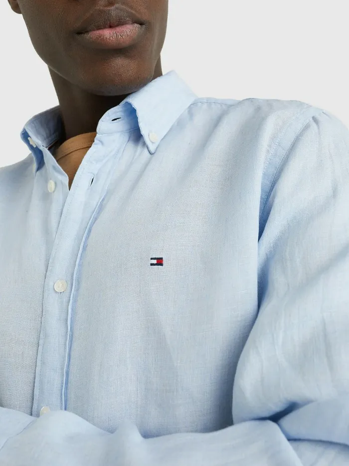 Tommy Hilfiger Pigment Dyed Regular Fit Linen Shirt Calm Blue Mens Shirts Sale