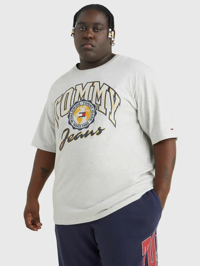 Tommy Hilfiger Plus College Logo TShirt Silver Grey Htr Mens Plus Size Clothing