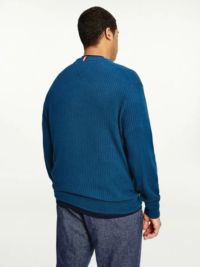 Tommy Hilfiger Plus Knitted Grid Check Crew Neck Jumper Dark Lakeside Mens Knitwear Cheap On Sale