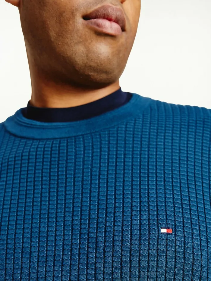 Tommy Hilfiger Plus Knitted Grid Check Crew Neck Jumper Dark Lakeside Mens Knitwear Cheap On Sale