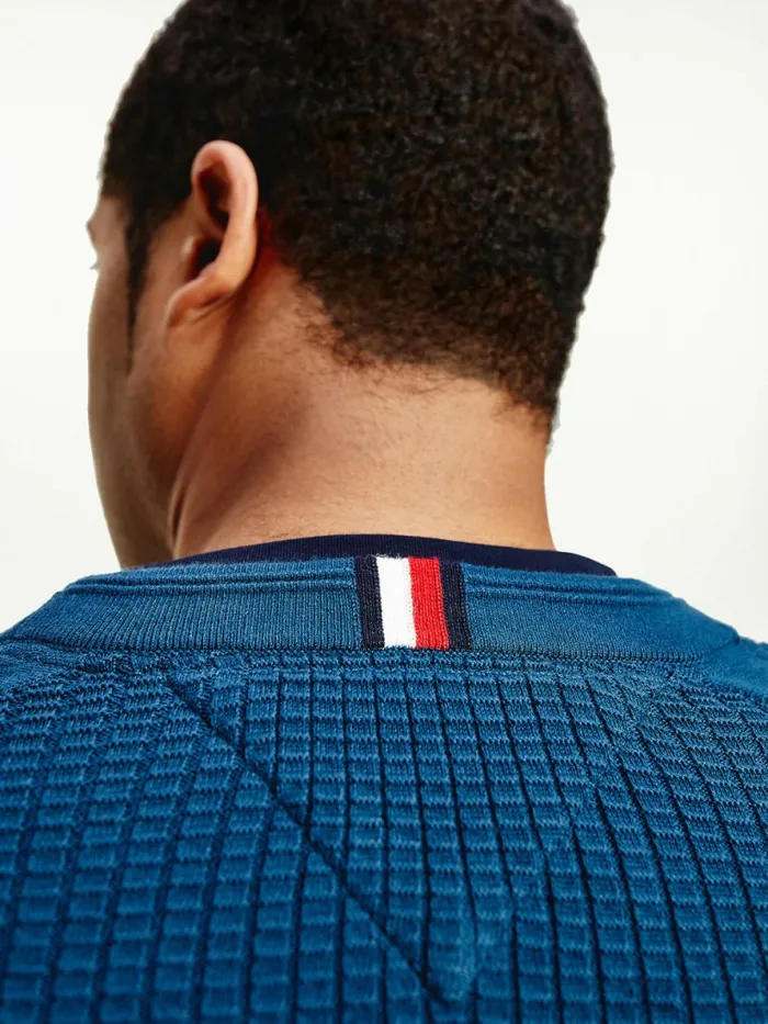 Tommy Hilfiger Plus Knitted Grid Check Crew Neck Jumper Dark Lakeside Mens Knitwear Cheap On Sale