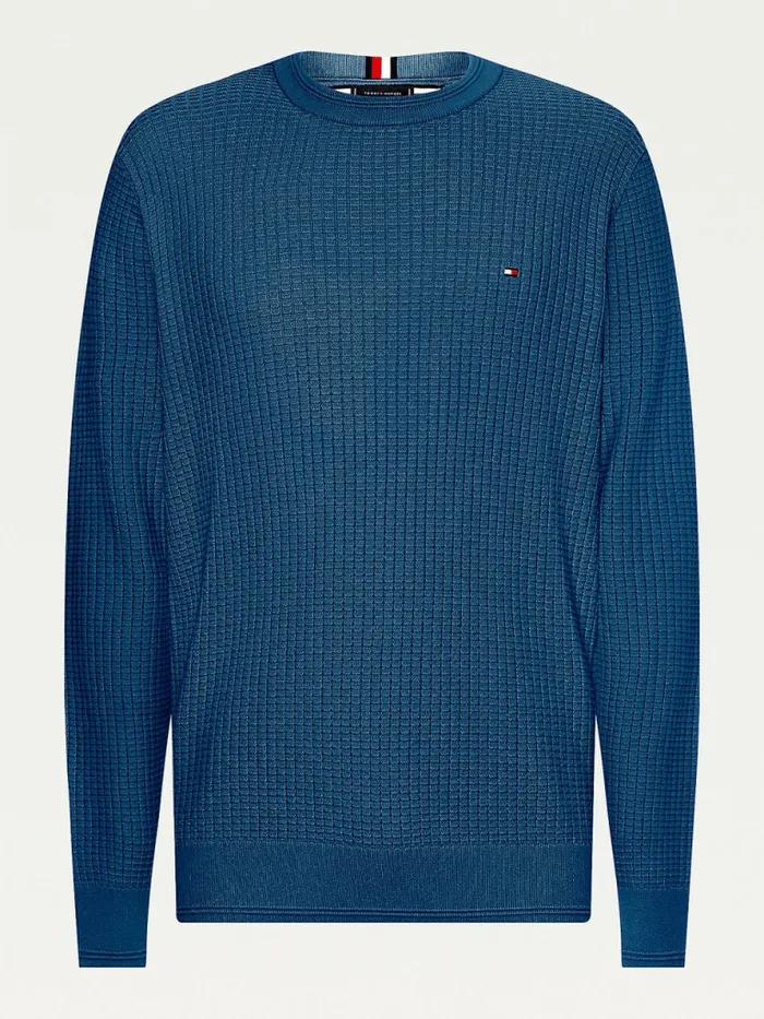 Tommy Hilfiger Plus Knitted Grid Check Crew Neck Jumper Dark Lakeside Mens Knitwear Cheap On Sale