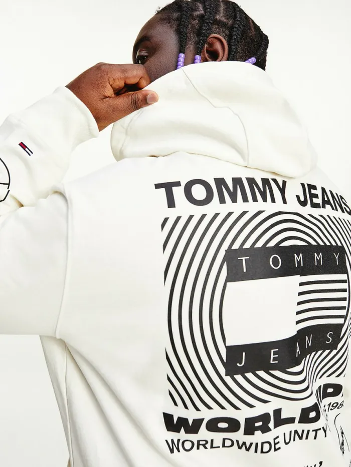 Tommy Hilfiger Plus Recycled Unity Back Graphic Hoody Ivory Mens Sweatshirts and Hoodies For Sale