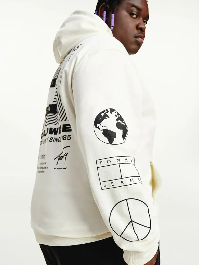 Tommy Hilfiger Plus Recycled Unity Back Graphic Hoody Ivory Mens Sweatshirts and Hoodies For Sale