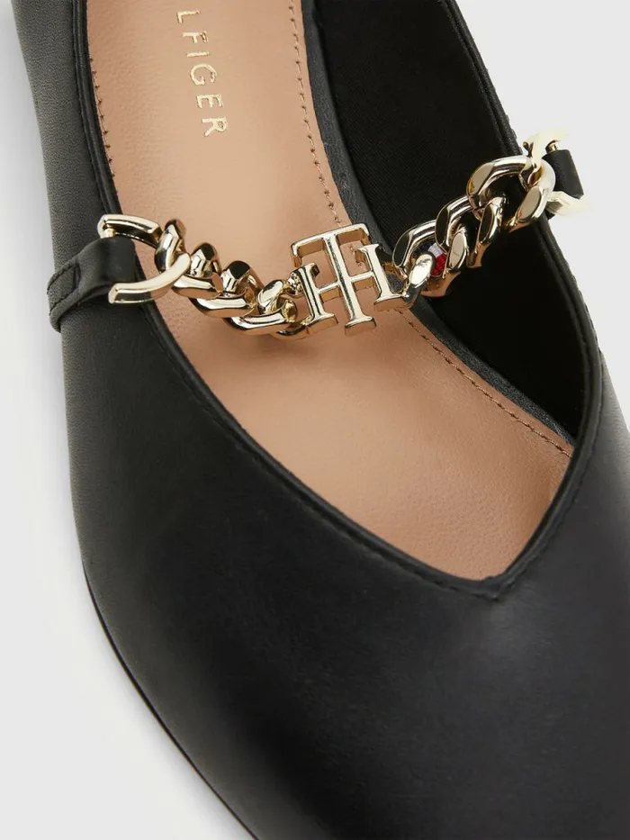Tommy Hilfiger Pointed Toe Chain Leather Ballerinas Black Womens Flat Shoes Near Me