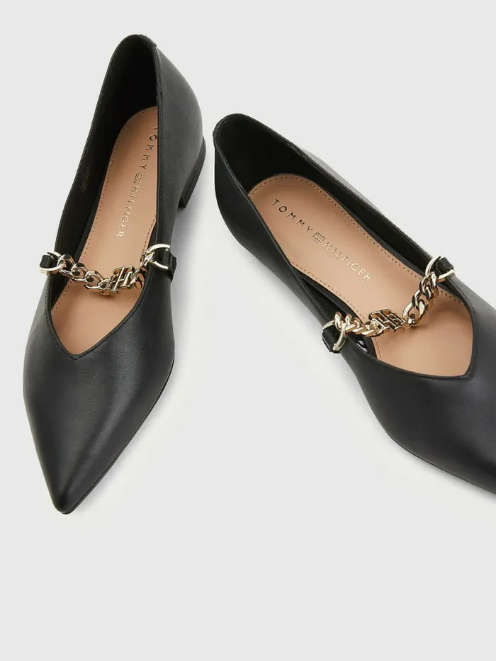 Tommy Hilfiger Pointed Toe Chain Leather Ballerinas Black Womens Flat Shoes Near Me